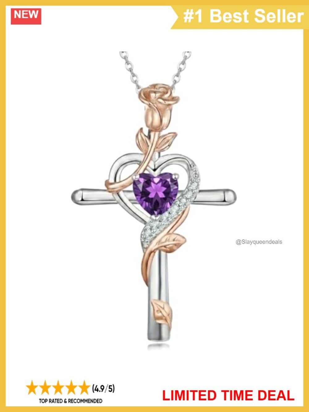 Birthstone Cross Necklace Heart Cut Amethyst Pendant Rose Vine Adjustable Chain
